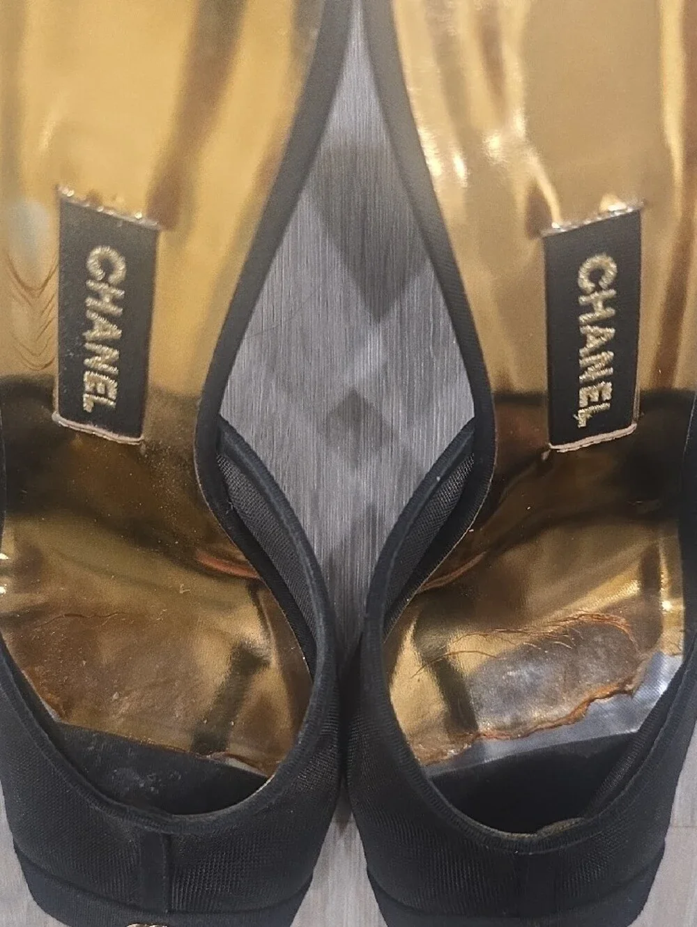 CHANEL Black Open-Toe Mesh Slide Mules with Gold Insole and CC Accent